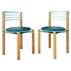 Pair of 2 Postmodern Wooden + Blue Chairs by Kurt Thut, Dietiker, 1980s--2 pcs