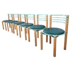 Set of 6 Postmodern Wooden + Blue Chairs by Kurt Thut, Dietiker, 1980s--6 pcs