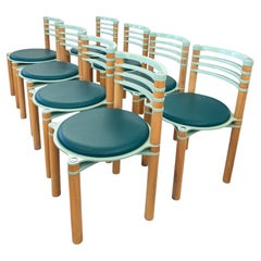 Set of 8 Postmodern Wooden + Blue Chairs by Kurt Thut for Dietiker, 1980s--8 pcs