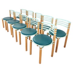 Set of 10 Postmodern Wooden + Blue Chairs by Kurt Thut, Dietiker, 1980s--10 pcs
