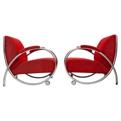 Juego de dos sillones franceses «Saxhorn», estilo Halabala, de terciopelo cromado, década de 1940, estilo Art Déco