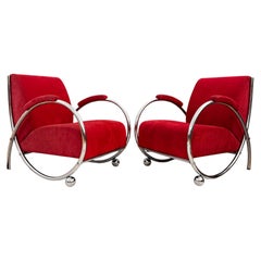 Juego de dos sillones franceses «Saxhorn», estilo Halabala, de terciopelo cromado, década de 1940, estilo Art Déco