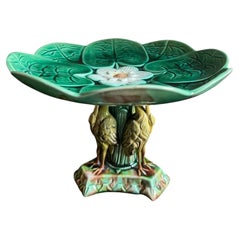 Antique English Majolica Pond Lily Compote with Stork Pedestal, c. 1880's