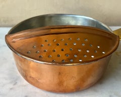 Vintage Tinned Copper Pot With Strainer & Brass Handle