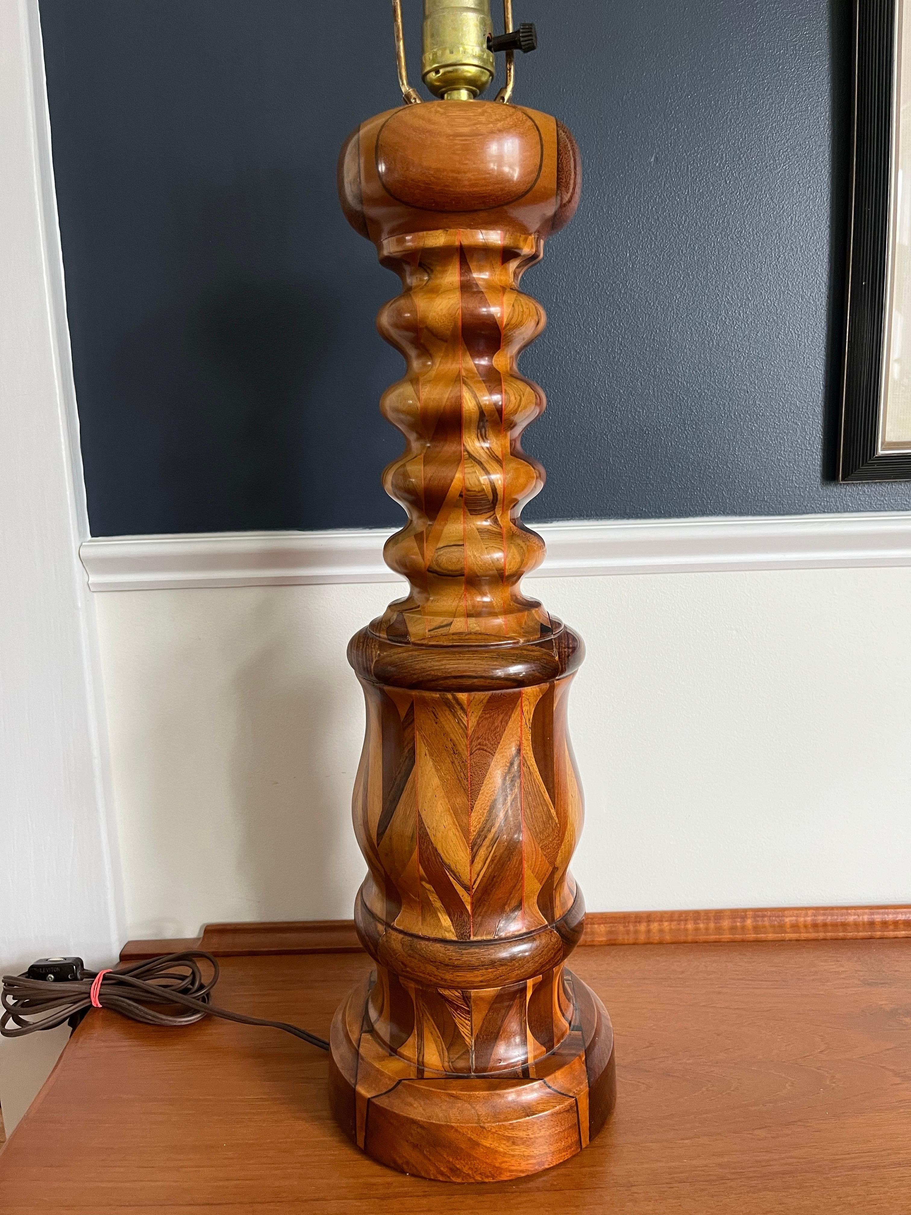 Folk Art Vintage Turned Wood Lamp Mahogany Maple and Walnut For Sale
