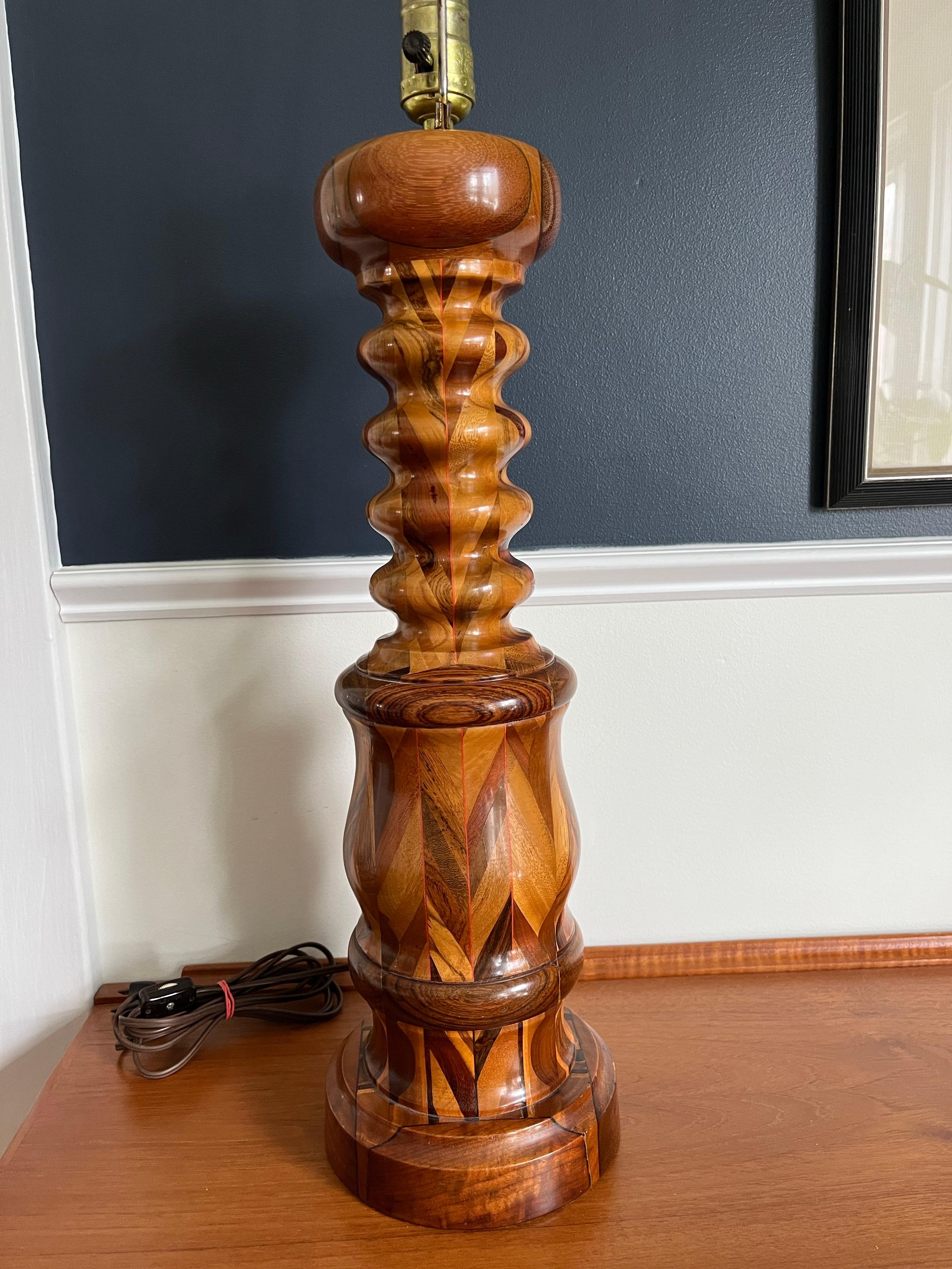 American Vintage Turned Wood Lamp Mahogany Maple and Walnut For Sale