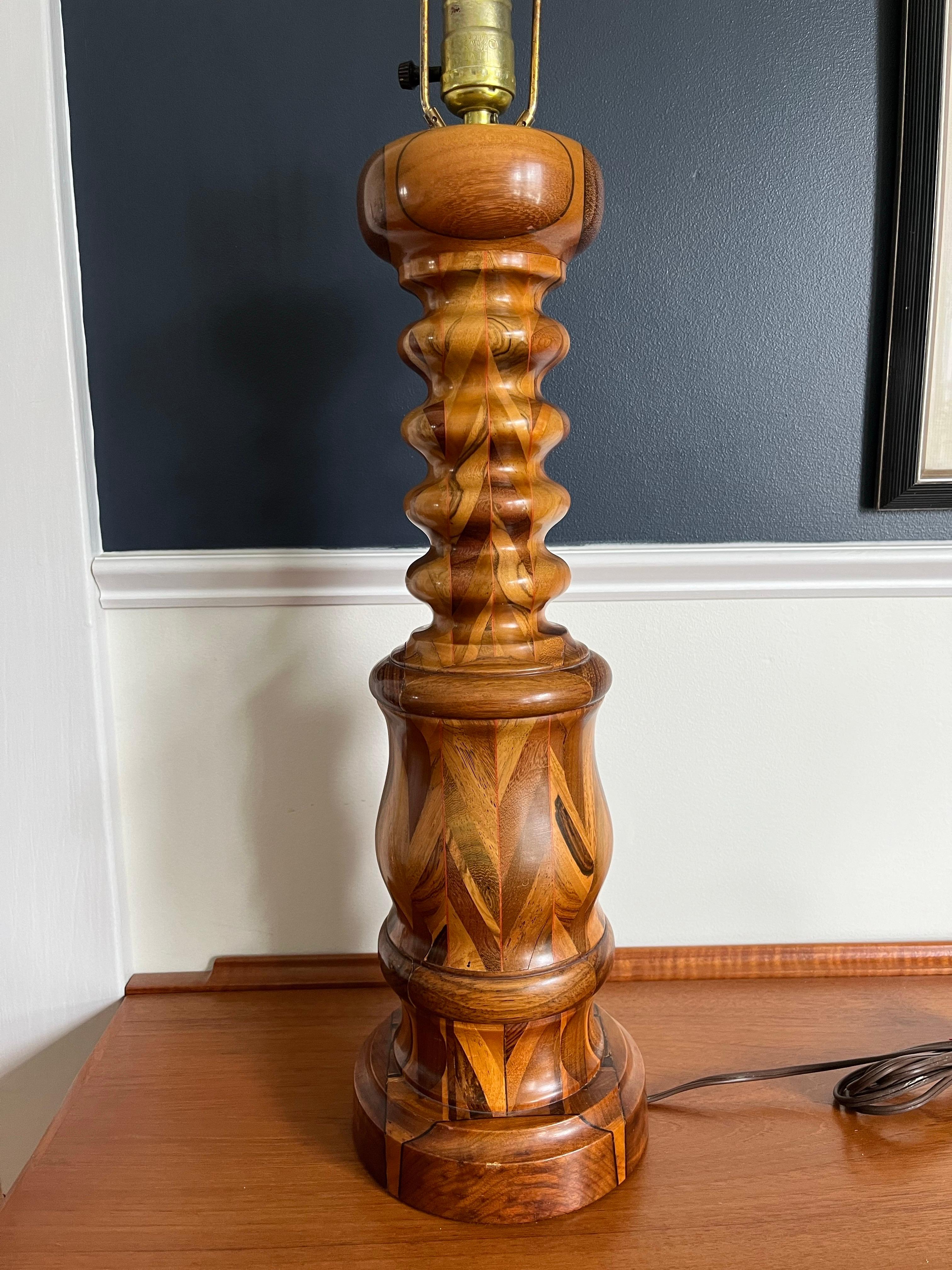 Vintage Turned Wood Lamp Mahogany Maple and Walnut For Sale 1