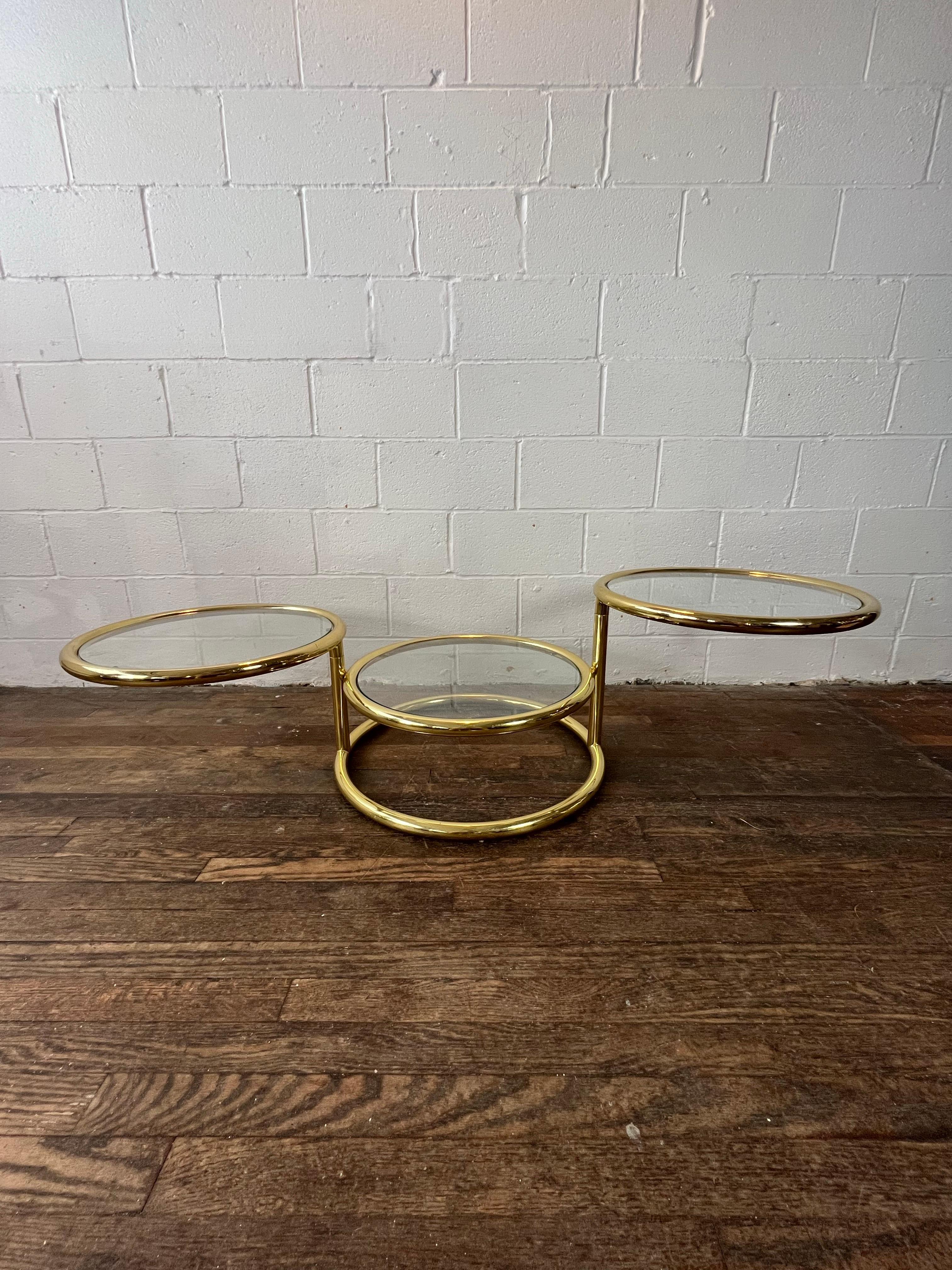 Plated Vintage Milo Baughman Style Three-Tier Brass Swivel Coffee Table For Sale
