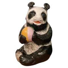 Large Vintage Glazed Ceramic Panda Bear Sculpture Holding Ball, Garden Figure