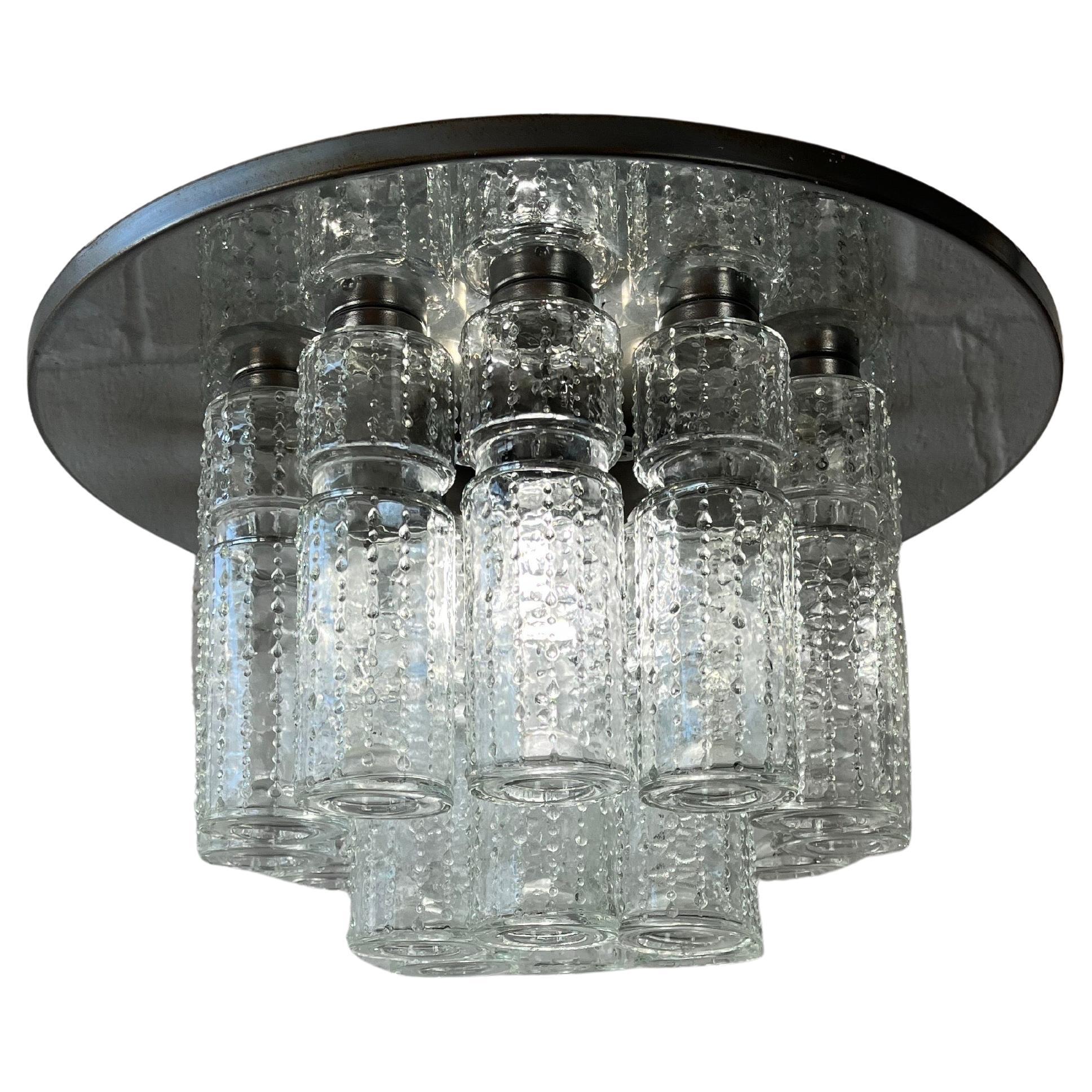 Lampadario a incasso di metà secolo con prismi di vetro soffiato a mano