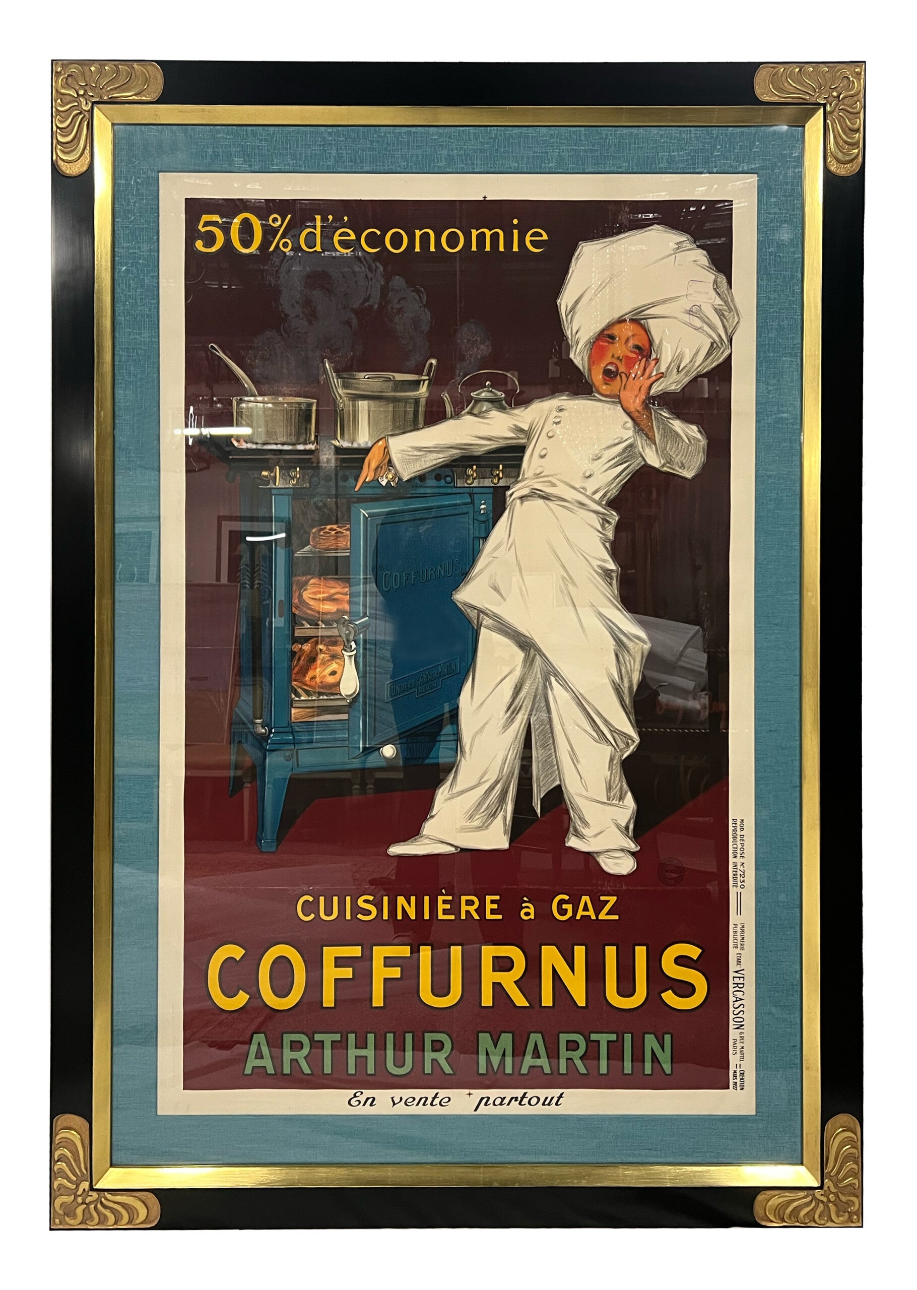 Framed, Original Vintage "Cuisiniere à GAZ Coffurnus" Poster by Jean d’Ylen For Sale