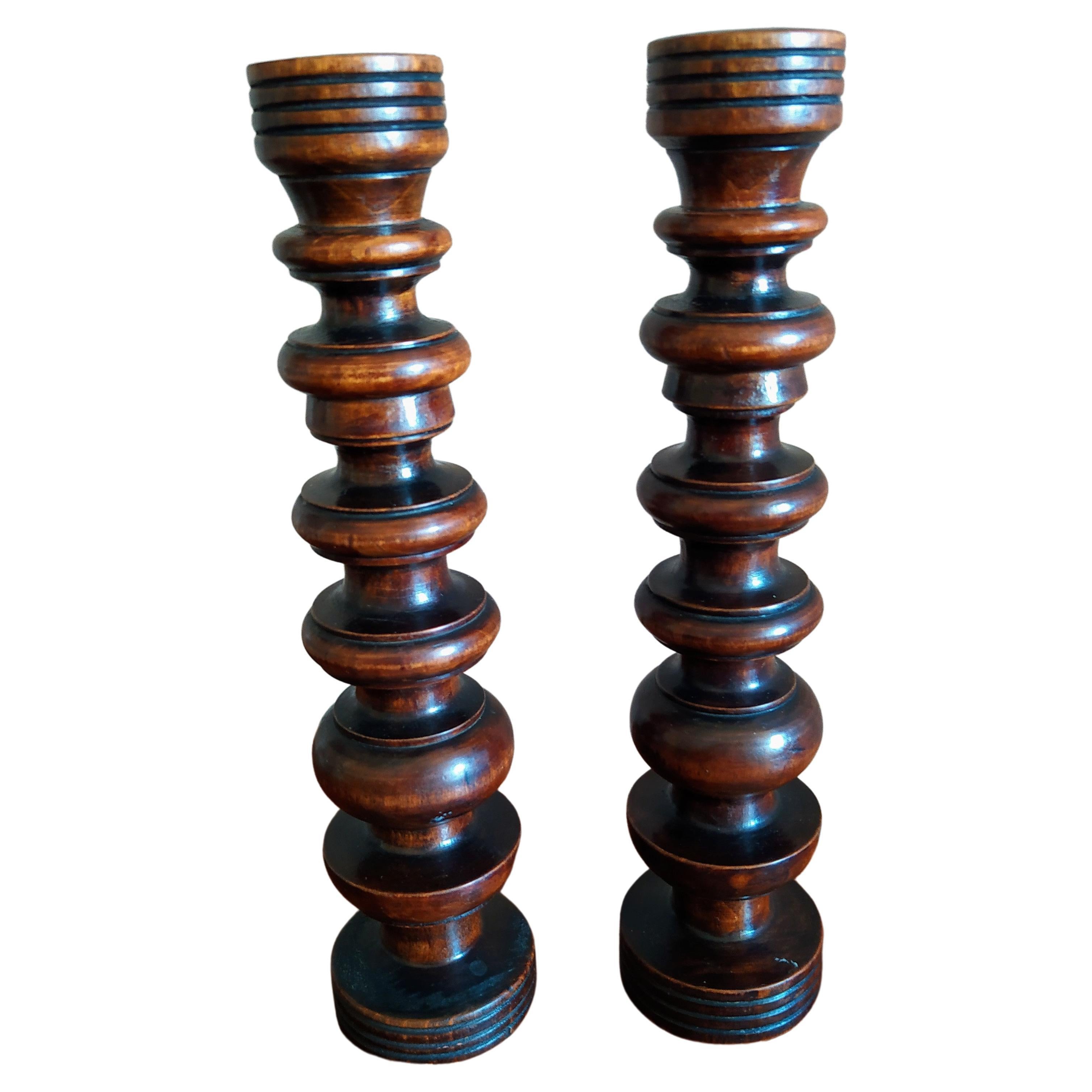 Pair of Early C20th French Turned Walnut Candlesticks