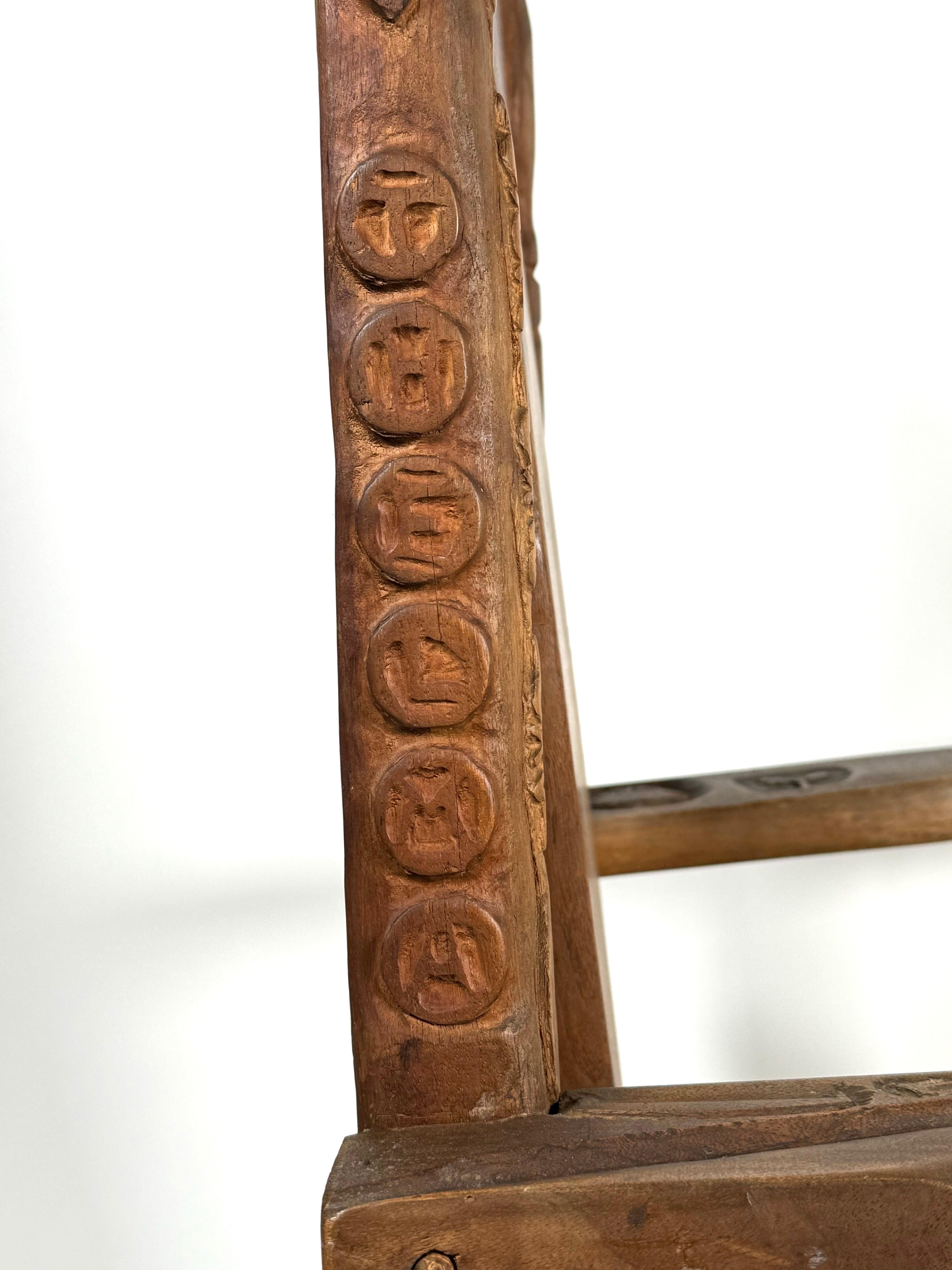 Early 20th Century 1918 Folk Art Hand Carved Armchair with Carved Imagery For Sale 7