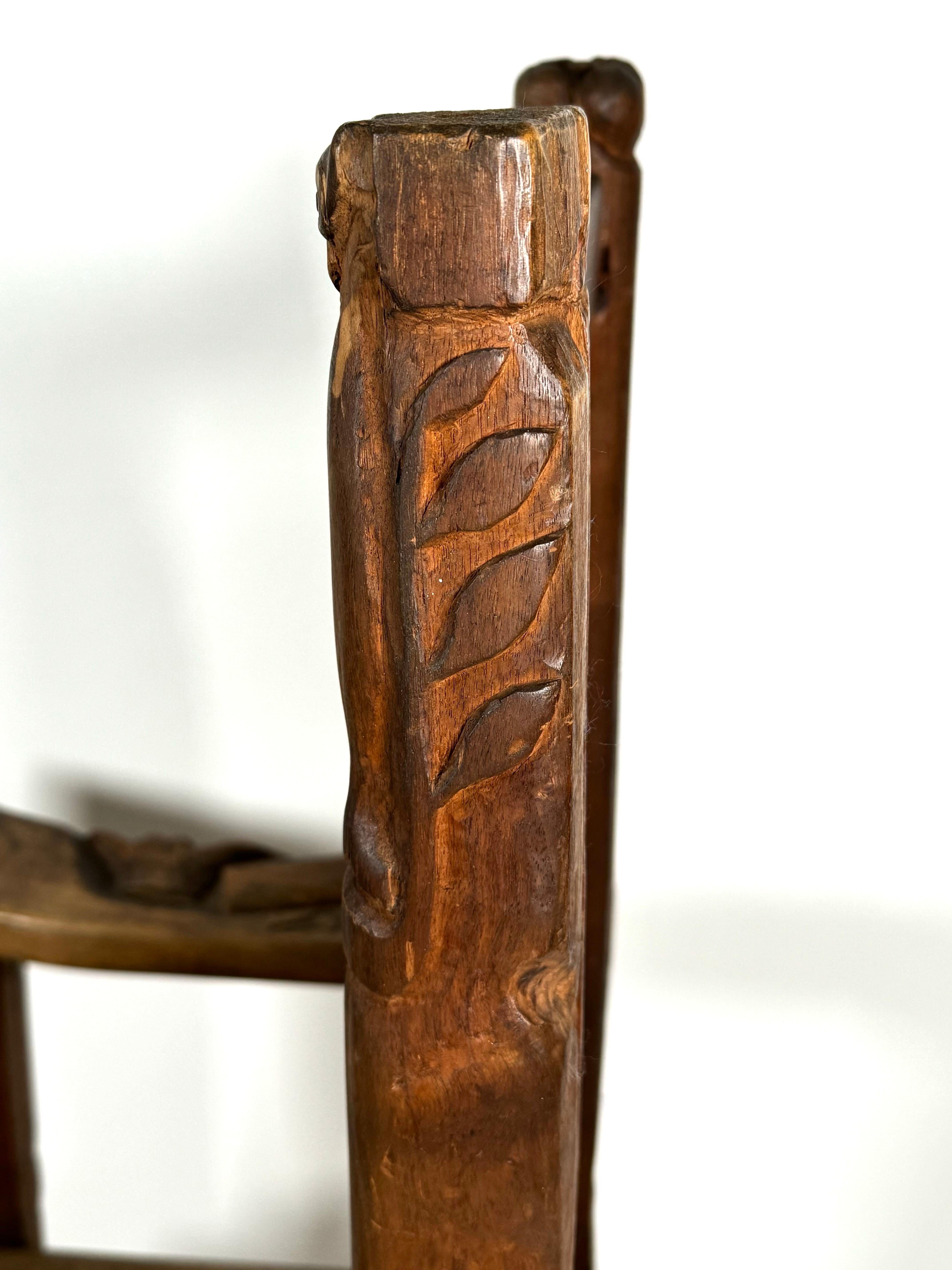 Early 20th Century 1918 Folk Art Hand Carved Armchair with Carved Imagery For Sale 8