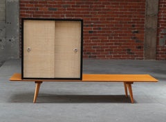 Paul McCobb Storage Cabinet w/ Raffia Covered Sliding Doors on Bench c. 1950s