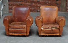 Pair of Patinaed Art Deco 1930s French Club Chairs in Tobacco Leather