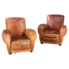 Pair of Patinaed Art Deco 1930s French Club Chairs in Tobacco Leather