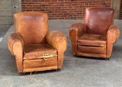 Pair of Patinaed Art Deco 1930s French Club Chairs in Tobacco Leather