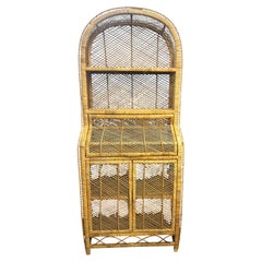 Vintage Italian Boho Arched Top Rattan and Wicker Bookcase