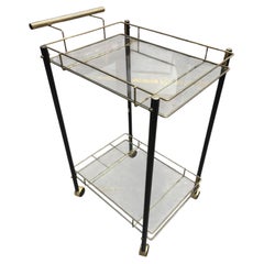 Vintage Two-Tiered Steel and Glass Rolling Bar Cart with Bottle Holder
