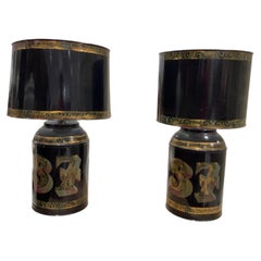 Pair of Large Vintage Numbered Black Tole Canister Lamps