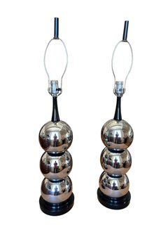 Pr. of George Kovacs Style Mid Century Modern Chrome 3 Stacked Ball Table Lamps