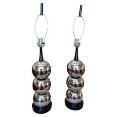 Pr. of George Kovacs Style Mid Century Modern Chrome 3 Stacked Ball Table Lamps