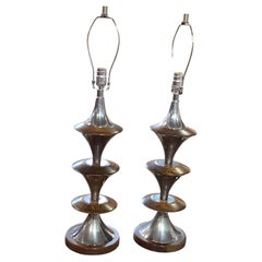 Pair of Striking Mid Century Lamp with Chrome and Bocote Wood Elements.