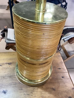 Pair of Vintage Circular Coiled Pencil Reed Rattan Lamps with Brass Accents