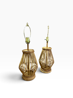 Pair of Vintage Bohemian Coastal Cage Form Rattan Lamps