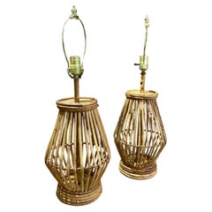 Pair of Vintage Bohemian Coastal Cage Form Rattan Lamps