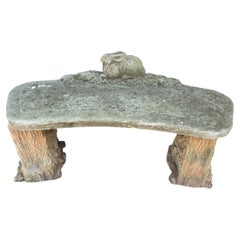 Vintage Weathered Cast Stone Garden Bench with a Cast Stone Bunny Rabbit