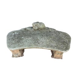 Vintage Weathered Cast Stone Garden Bench with a Cast Stone Bunny Rabbit