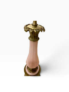 Pair of French Pink Opaline Columnar Lamps with Brass Hardware.