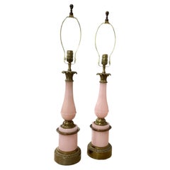 Pair of French Pink Opaline Columnar Lamps with Brass Hardware.