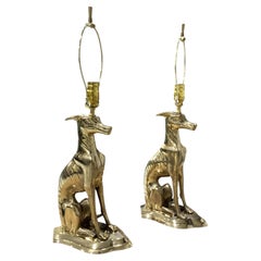 Pair of Vintage Solid Brass Seated Greyhound or Whippet Figural Table Lamps