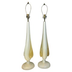Pr of Flavio Poli Sommerso Glass Table Lamps, Cream & Gold, Murano, Italy, 1960s