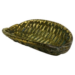 Mid-century Bronze vide-poche or pin/card tray, woven rattan basket