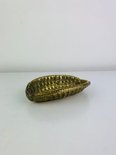 Mid-century Bronze vide-poche or pin/card tray, woven rattan basket