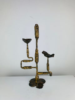 Brutalist Mid Century Reed candelabra in wrought iron with golden patina