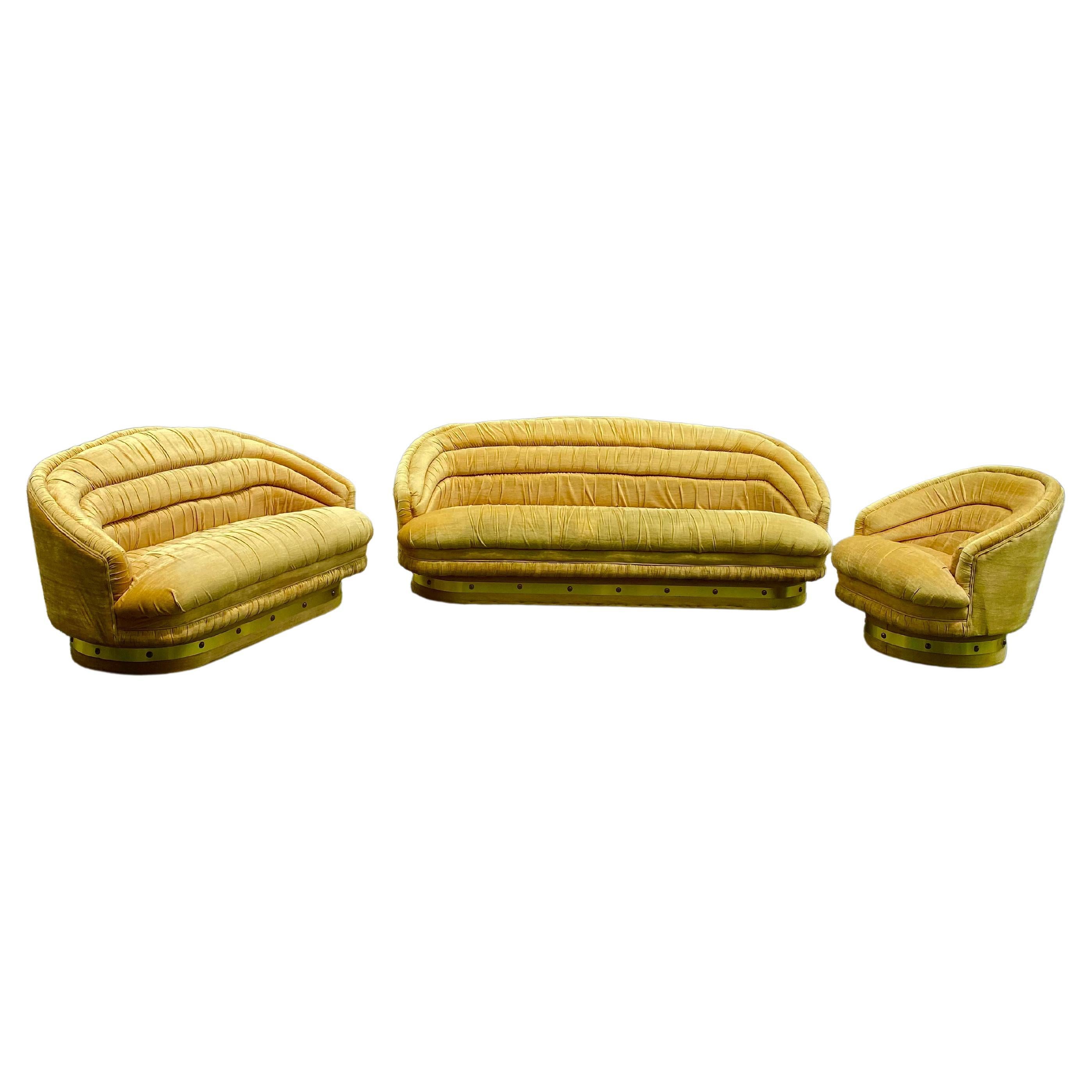 1960s Sculptural Curved Velvet Crescent Tufted Sofa Set, 3 Pieces