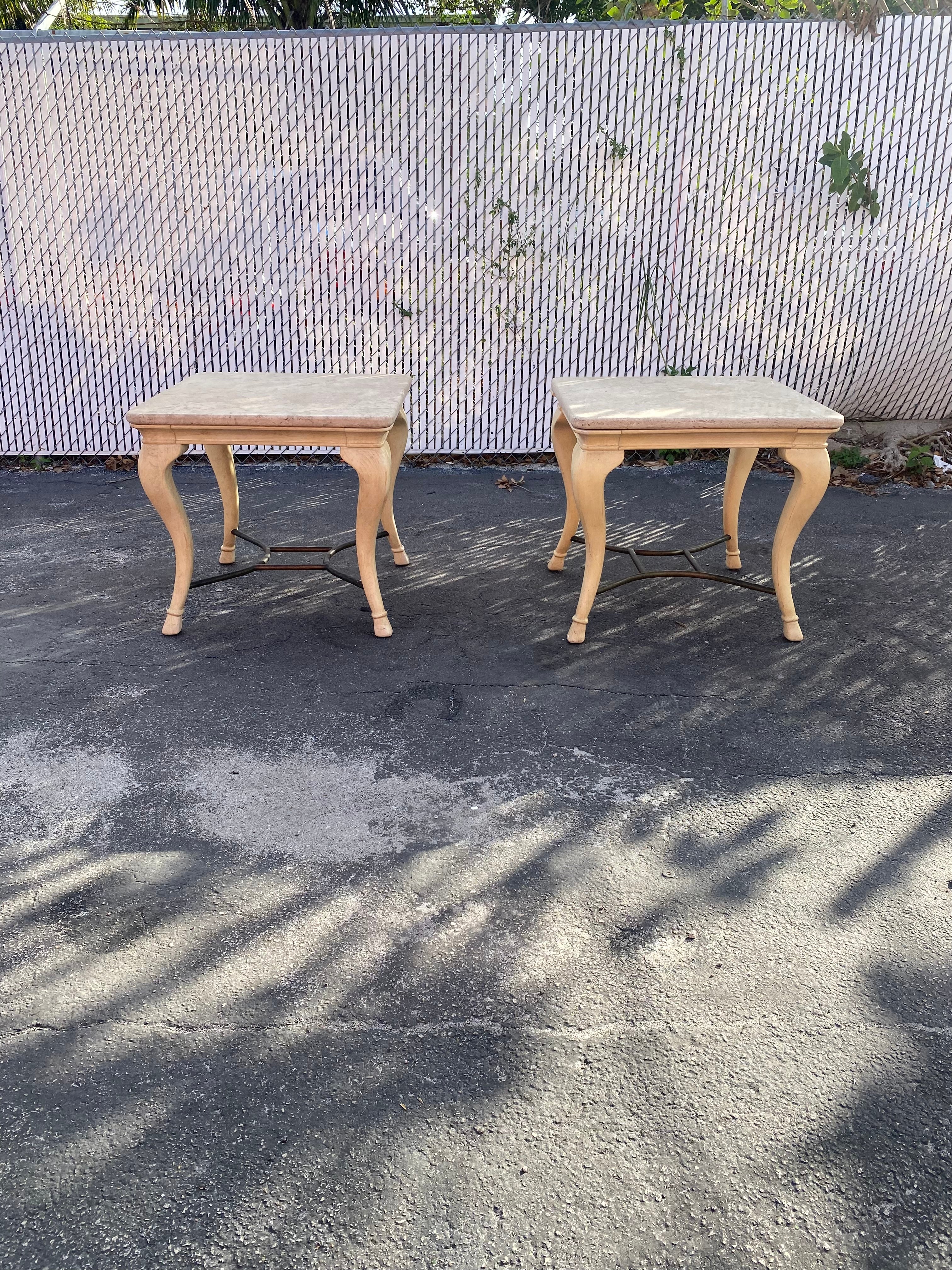 1970s Cabriolet Parchment Wood Travertine Tables, Set of 2