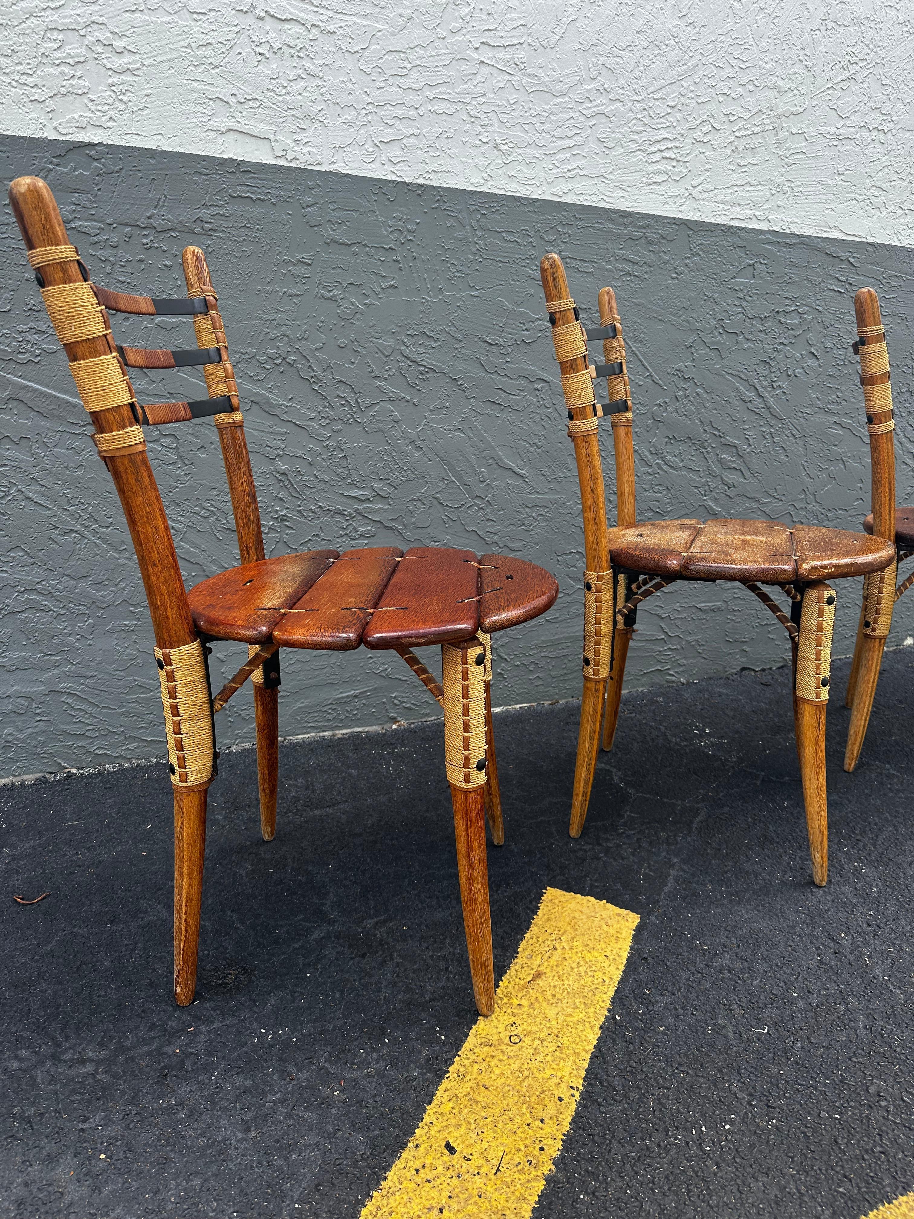 1990s Pacific Green Sculptural Round Dining Table Leather Cord Chairs, Set of 5 For Sale 5