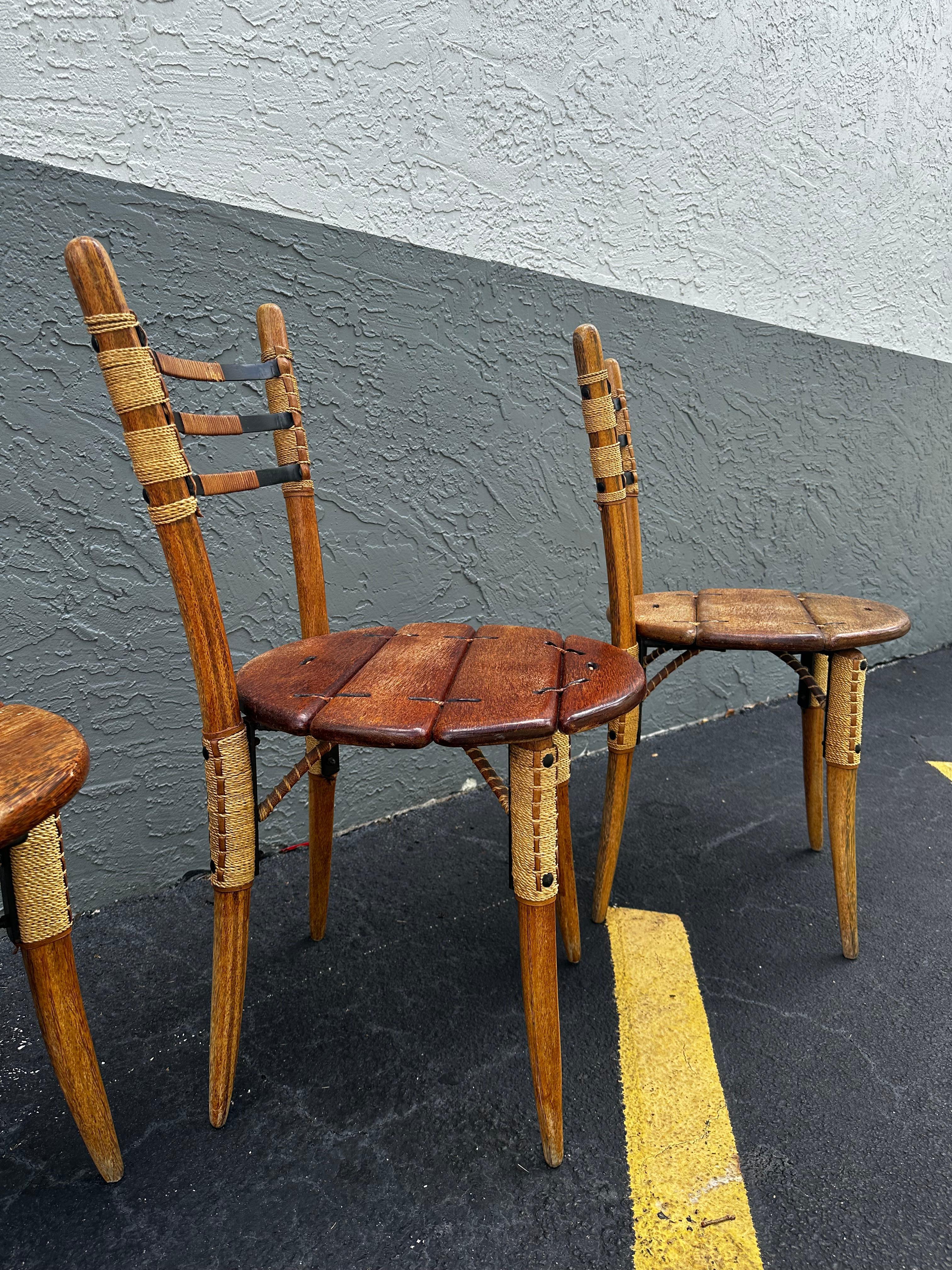 1990s Pacific Green Sculptural Round Dining Table Leather Cord Chairs, Set of 5 For Sale 6