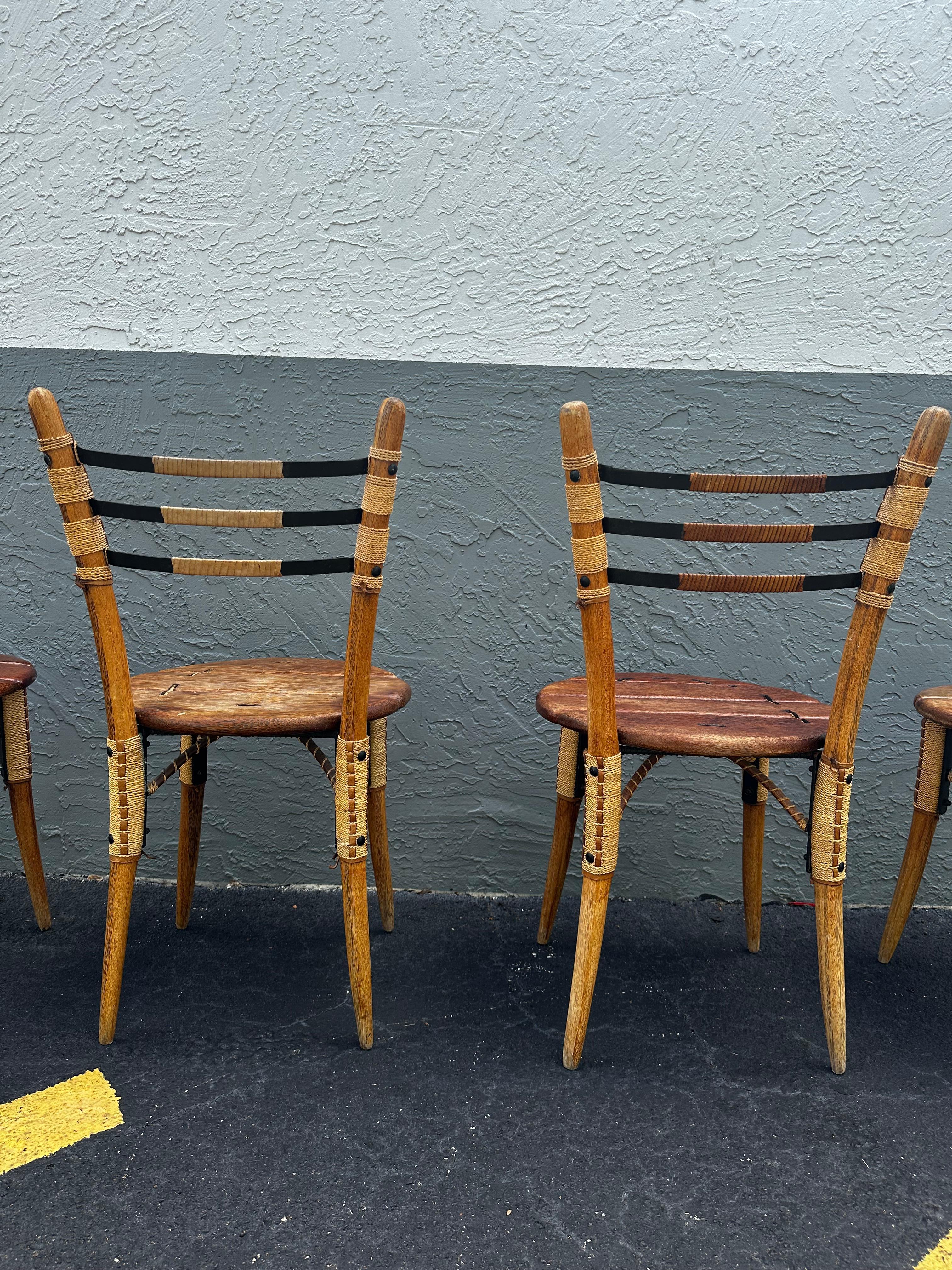 1990s Pacific Green Sculptural Round Dining Table Leather Cord Chairs, Set of 5 For Sale 7