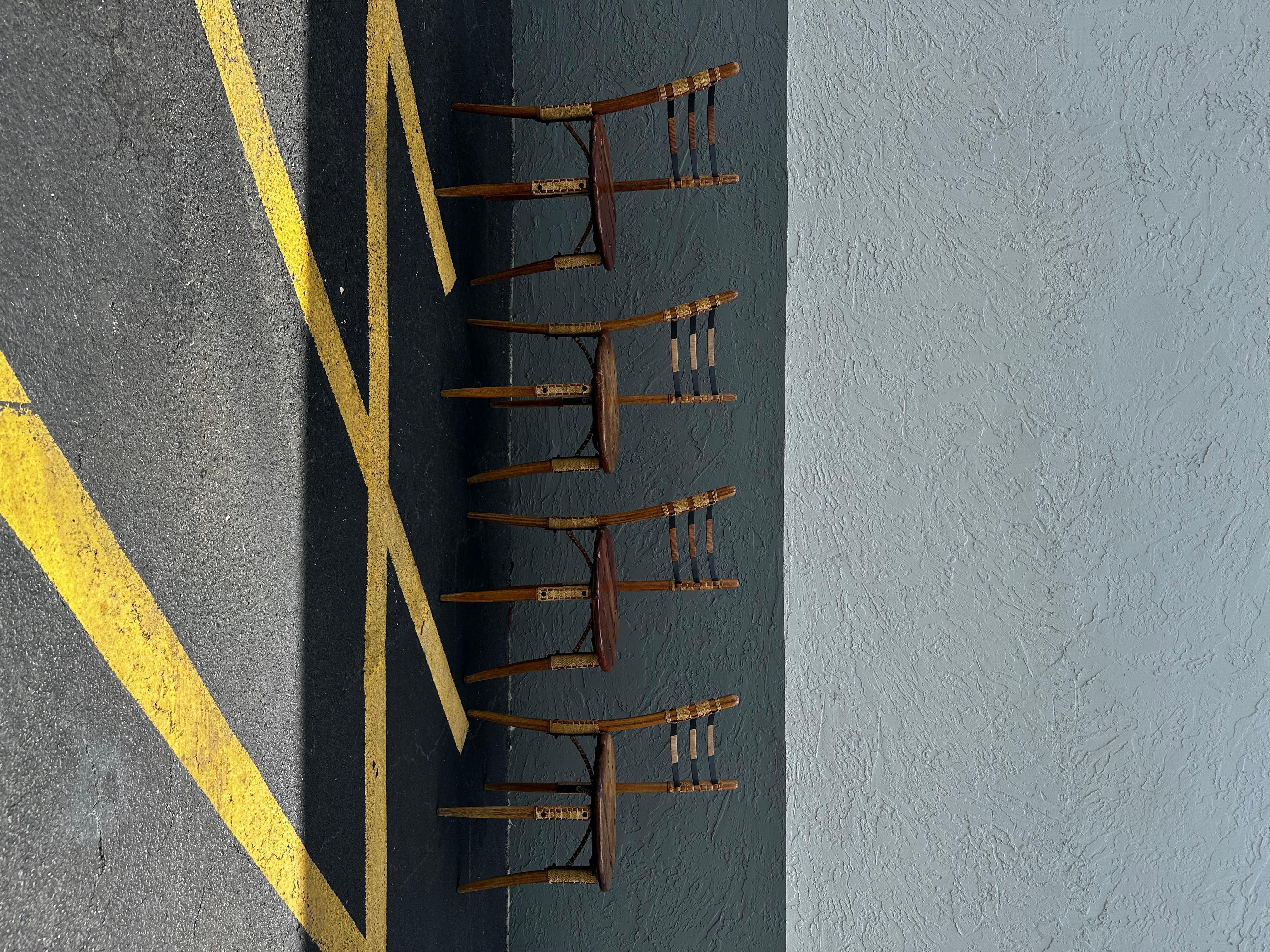 1990s Pacific Green Sculptural Round Dining Table Leather Cord Chairs, Set of 5 For Sale 9