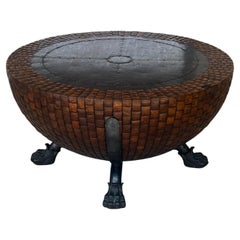 1980s Kreiss Iron Paws Coconut Wood Sculptural Drum Round Coffee Table