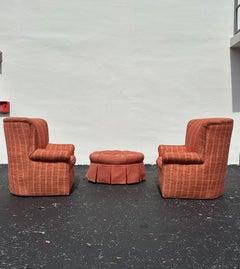 1990s Plaid Ralph Lauren Style Swivel Chairs Ottoman, Set of 3