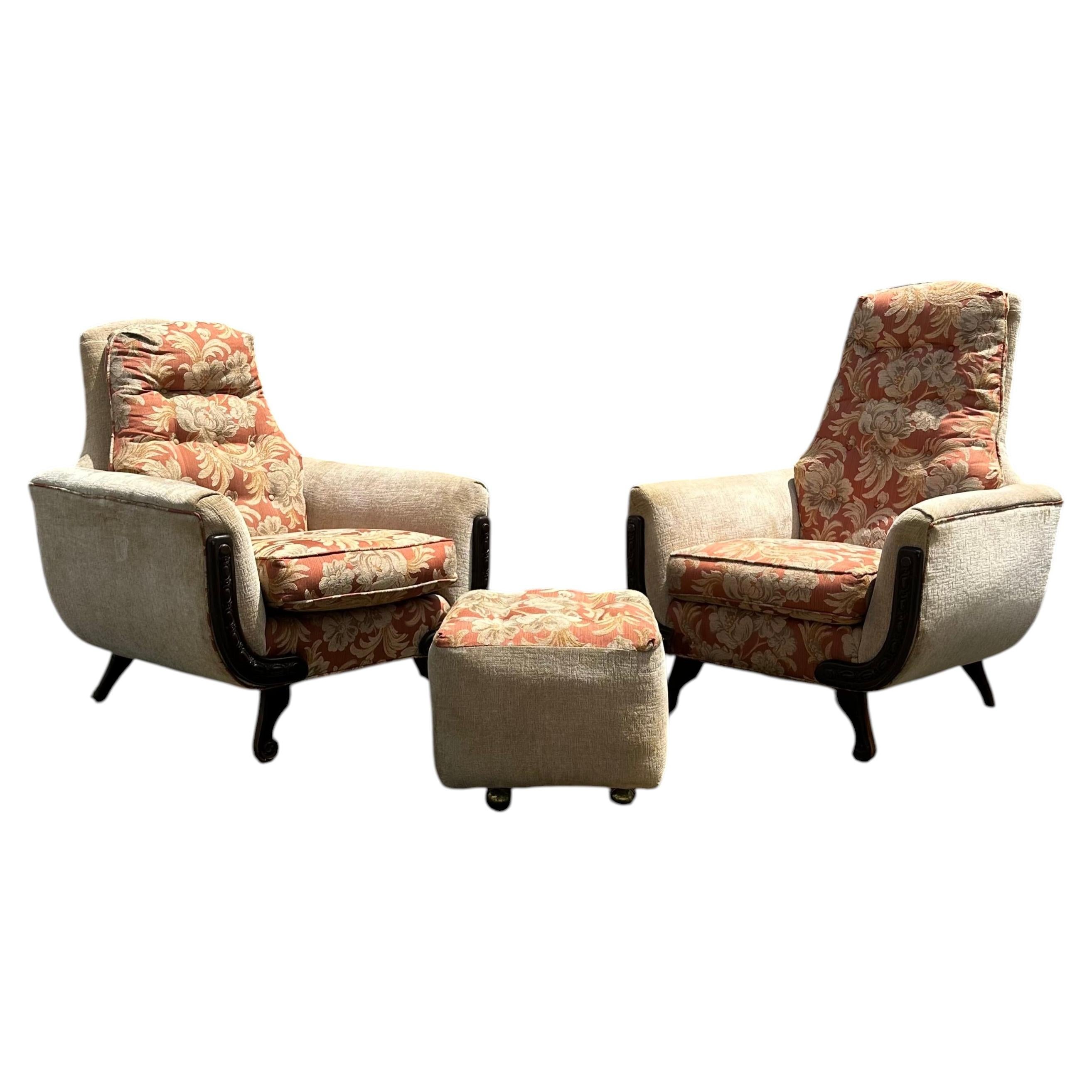 1960s Adrian Pearsall Walnut His & Hers Sculptural Chairs Ottoman, Set of 3 For Sale