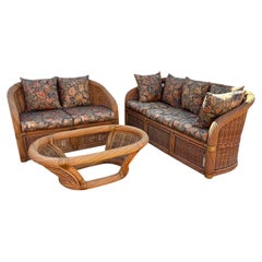1970s Rattan Reed Curved Art Deco Style Sofa and Coffee Table, set of 3